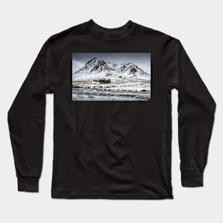 Glencoe Cottage with Snowy Mountain and Icy River Long Sleeve T-Shirt